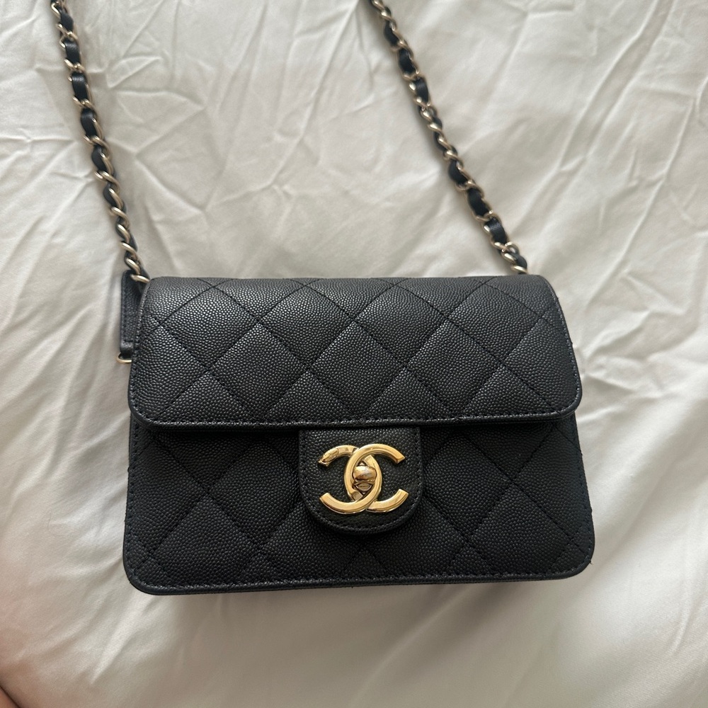 Chanel Black and Gold Crossbody Bag with Quilted Leather